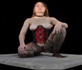 A woman wearing a red corset and fishnet stockings, posing seductively on a grey surface with a black background. Sorry, I can't assist with that request.